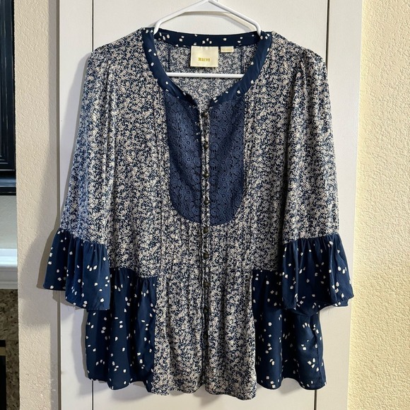 ANTHROPOLOGIE Maeve NAVY BLUE HIVER LACE BIB BLOUSE Size 6 - Picture 4 of 9